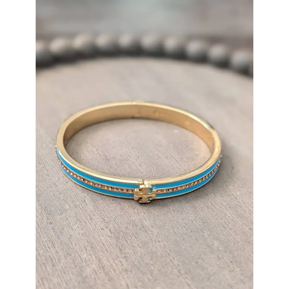 TORY BURCH Kira Blue Enamel Gold Tone Red Pave Hinge Bangle